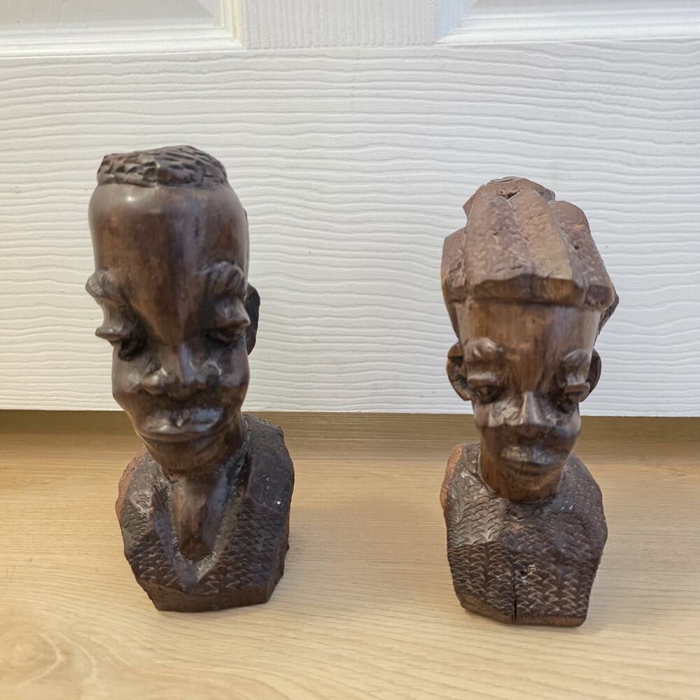 Vintage African Brown Wooden Man & Woman Tribal Folk Art Head Bust Sculptures